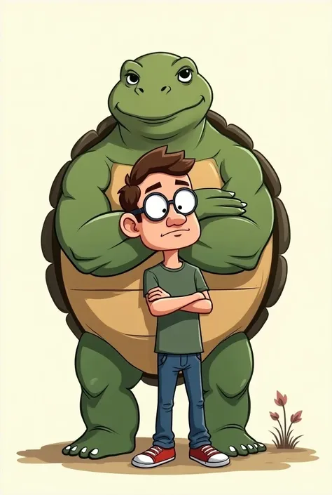 man wearing glasses Behind him stood a large turtle with his arms crossed. Cartoon outline colours 