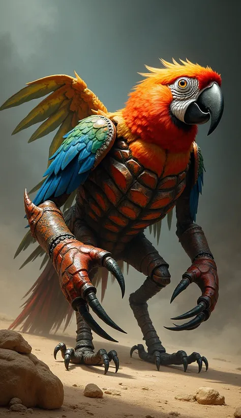 "Design a hybrid creature combining the features of a Parrot and a Scorpion into a single, monstrous entity. The creature should have the bright, colorful plumage of the Parrot flowing into the segmented, armored body of the Scorpion. Its head should featu...