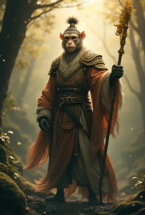 "Sun Wukong, The golden Monkey King from Chinese mythology.  He wears traditional Chinese armor in soft tones ,  with his serene face and focused expression , holding a golden cane in one hand .  His long, thick tail stands out in soft curves . The setting...