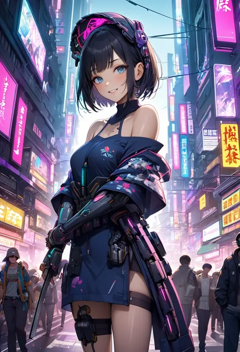 ((Cyborg Ninja Girl ))、 cyberpunk girls in the midst of crowds、 Digital Cyberpunk Art 、( ( Digital Cyberpunk Art ))、nice dress、 Ultra High Definition、masterpiece、correct、 anatomically correct、 Textured Skin、 very detailed、 high detail 、 high quality、最 high...