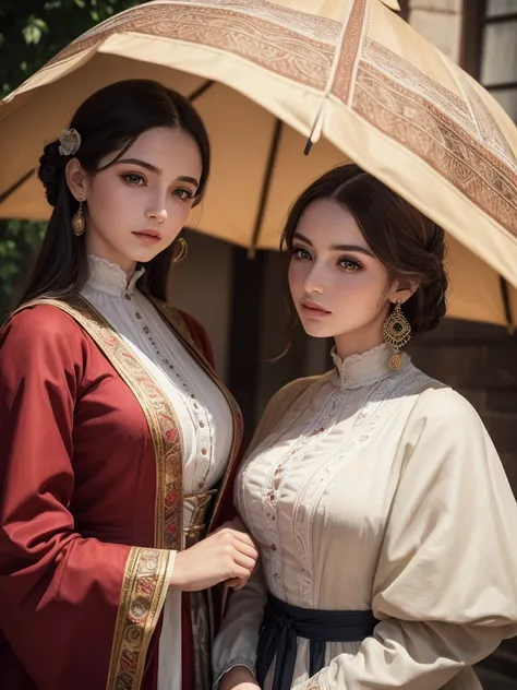 two women in traditional clothing standing under an umbrella in a courtyard, 1850s era clothes, 1890s era clothes, 1850s era clothes, egypt, 1850s clothes, amusement park in old egypt, 1860s era clothes, (best quality,4k,8k,highres,masterpiece:1.2),ultra-d...