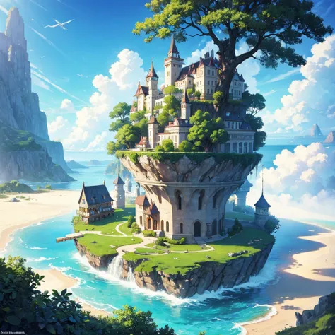  there are several floating islands in another world 、An island with a house 、 an island with a city 、 has an island rich in nature 、 there is a particularly large floating island in the back, and there is a big castle and a tree like a world tree that shi...