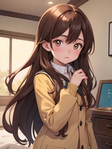 A girl in a boku no hero uniform, with long brown hair, brown eyes, teenager, photolab