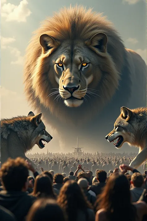 Crowdwd people watching a lion head versus anack of wolf