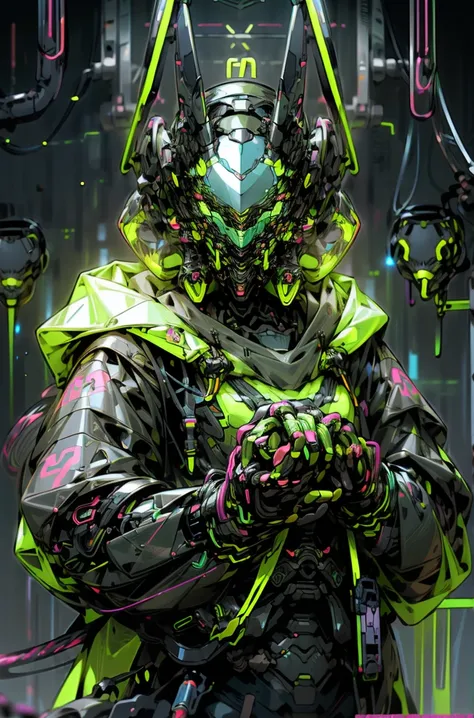 Helmets、(Gas masks:1.3)、(Neon rings:1.8)、(Neon cables:1.2)、(hooded:1.2)、(((Exercise)))、colorful、cyberpunked、(fantasy sword)、((1 man))、Mechanical Marvel、robot、((( masterpiece 、highest qualityr、beautiful、Ultra-detailed))) splash