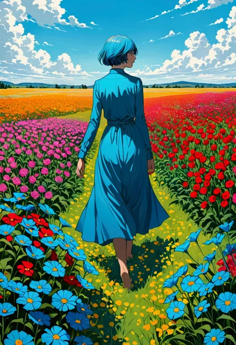 A short-haired, cyan-blue woman walks a field of flowers