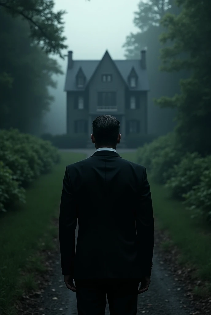 a man in a black suit and shade looking at the black house surrounded by trees 