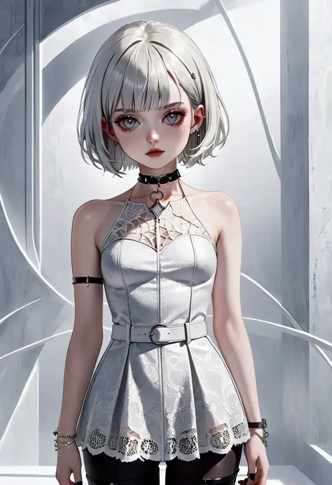 “Create a full portrait of a young woman with a goth or edgy style, using a color palette of whites and silvers. She has a short, sleek white or platinum blonde bob haircut with bangs that frame her intense, expressive eyes. Her makeup is a soft silver, wi...