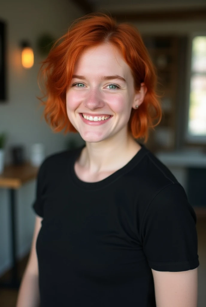  18-year-old teenage girl , Redhead,  short hair,  photo taken from a cell phone, half body, black t-shirt,  smiling