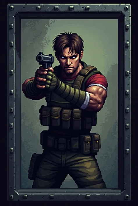 Create 8-bit pixel art character in Resident Evil style in an attack pose with a gun inside a square frame with a metal frame