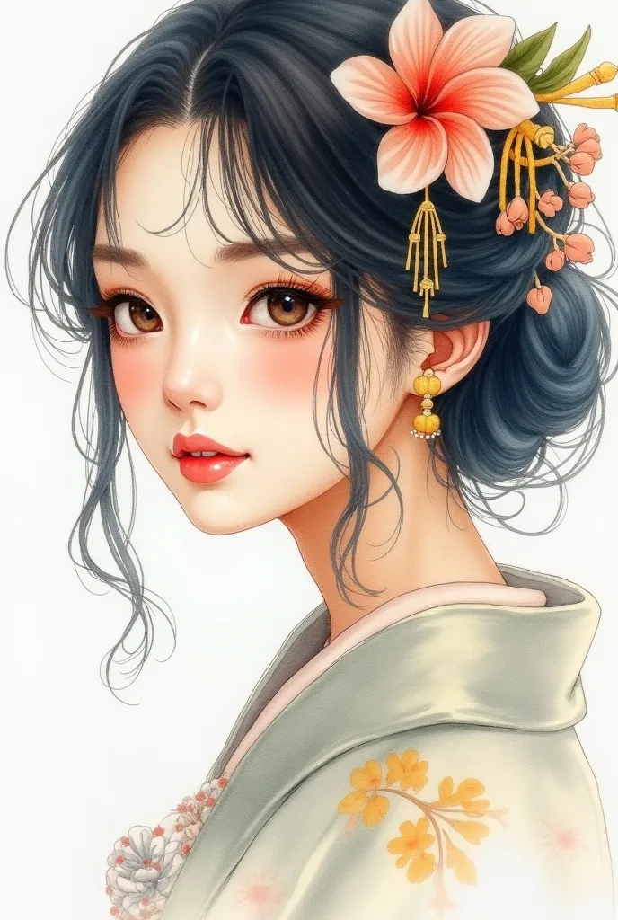 a full-face portrait of a beautiful woman as a courtesan (yujo), painted in a watercolor style. the brushstrokes are soft and de...