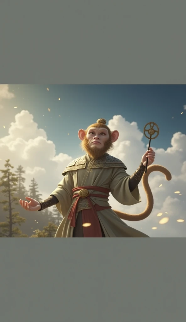 "Sun Wukong, The golden Monkey King from Chinese mythology.  He wears traditional Chinese armor in soft tones ,  with his serene face and focused expression , holding a golden cane in one hand .  His long, thick tail stands out in soft curves . The setting...