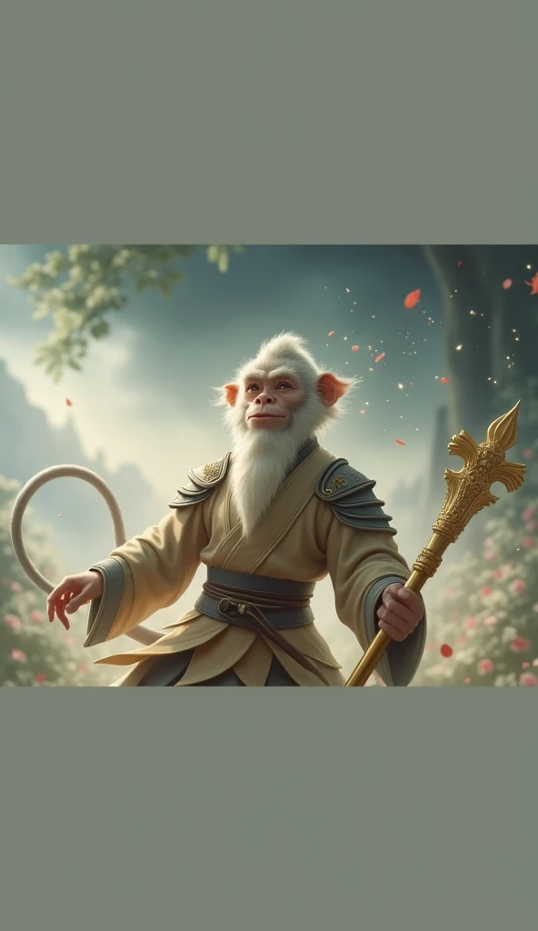 "Sun Wukong, The golden Monkey King from Chinese mythology.  He wears traditional Chinese armor in soft tones ,  with his serene face and focused expression , holding a golden cane in one hand .  His long, thick tail stands out in soft curves . The setting...