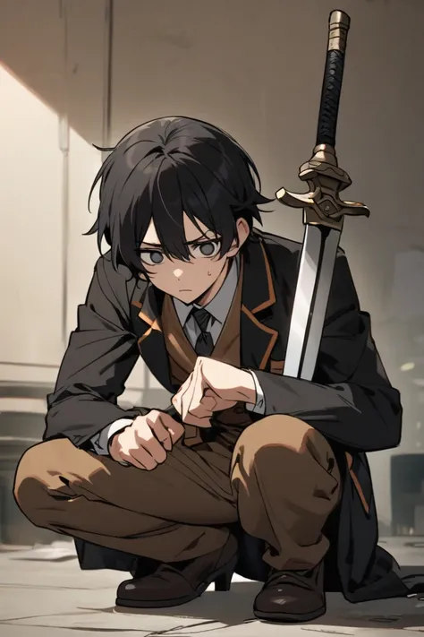 man, Black hair, Dark circles, Expressionless, Professor costume ,  squatting, Looks tired , Im holding a sword