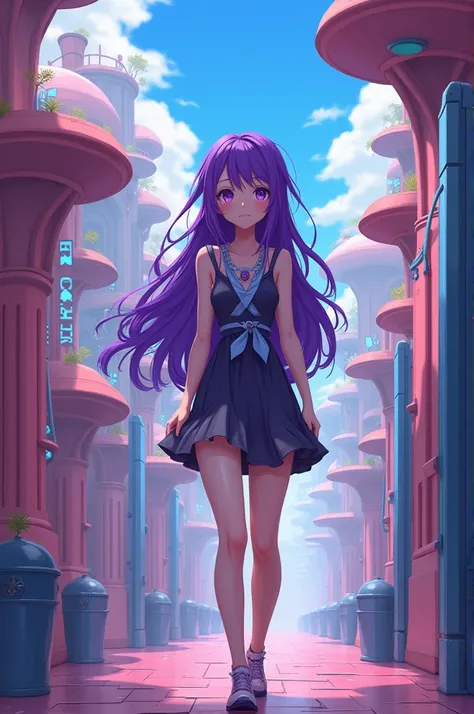 A woman with purple hair and purple eyes who wants to go to the bathroom (Anime)