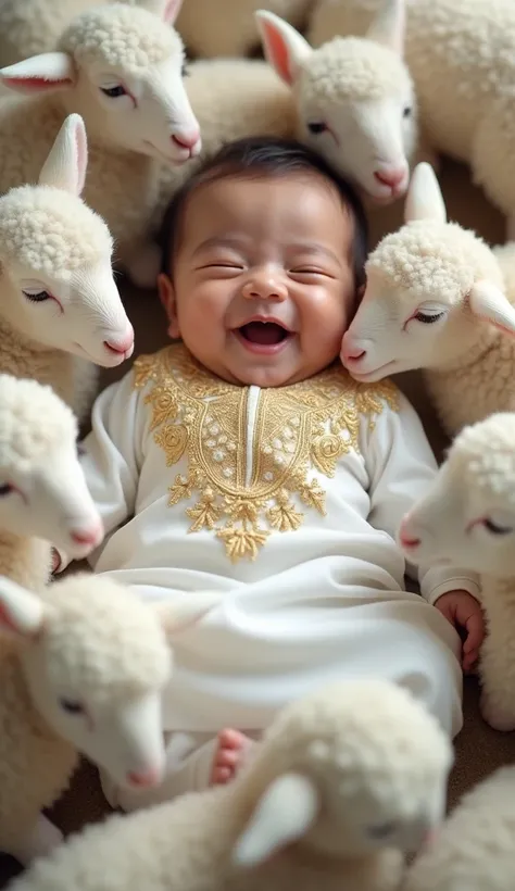 Prompt 4:
A newborn baby in a white kaftan with gold Amazigh embroidery lies on the ground, laughing as an extensive gathering of small white lambs fills the space around him. The lambs press close to the baby, their woolly heads and soft bleats creating a...