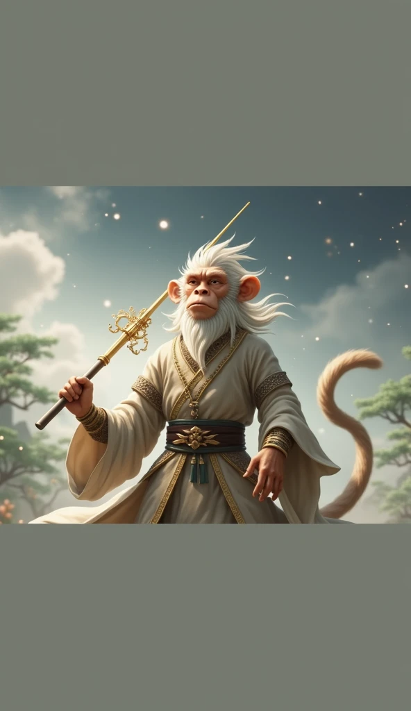 "Sun Wukong, The golden Monkey King from Chinese mythology.  He wears traditional Chinese armor in soft tones ,  with his serene face and focused expression , holding a golden cane in one hand .  His long, thick tail stands out in soft curves . The setting...