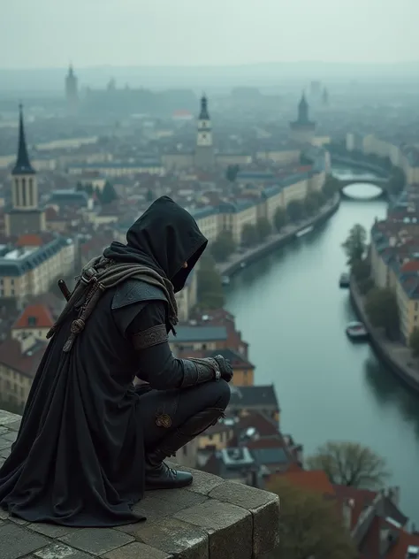  an Assassins Creed-style crouching killer,  -style assassin at a location high above a river similar to the River Seine, In France, during the 13th century  . Take a birds-eye view of this scene 