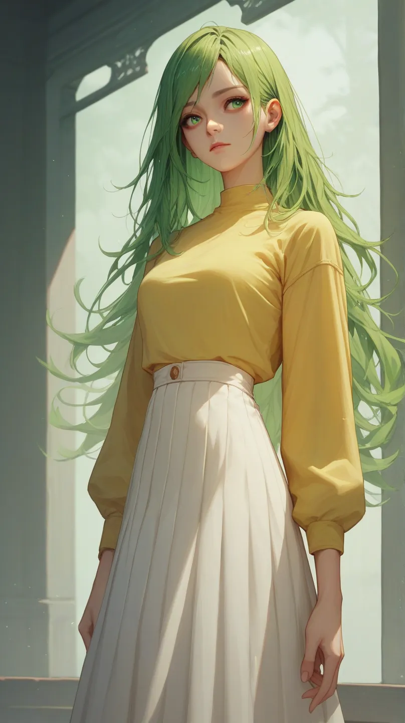 score_9, score_8_up, score_7_up, score_6_up, 1woman, long hair, green hair, green eyes, yellow shirt, sarang, long white skirt