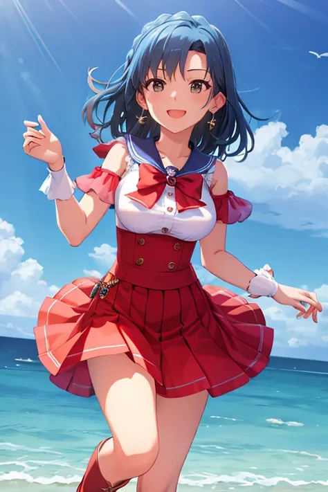 masterpiece, High image quality, Best Quality, rendered art, Well-formed hands, Fingers and body, 1 female, Alone,  adult, Grown Up,  Big, Round Breasts ,  clevis, full body, ,  sexy sailor warrior uniform ,  blue short skirt , Red Boots, Beautiful waist, ...