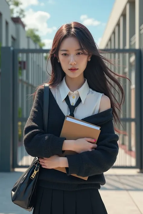 Chinese woman, long hair, collared shirt, black off shoulder loose collar tight sweater with white long sleeve buttoned shirt on the inside, necktie, black skirt, school bag, holding a book in chest, modern school gates