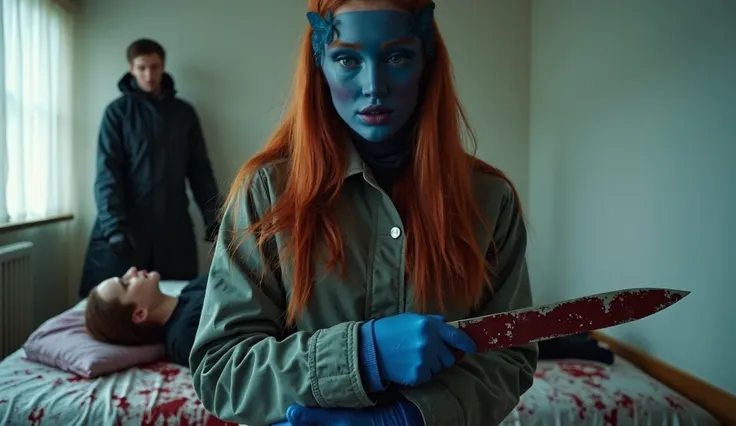 red hair girl, (behind stiff, holding knife), stabbing, leather blue balaclava mask, blue gloves, bloody room, black raincoat, bloody knife, black gloves, woman on top, white room, behind cadaver, blood splatter, on the bed, looking at viewer, mass murdere...