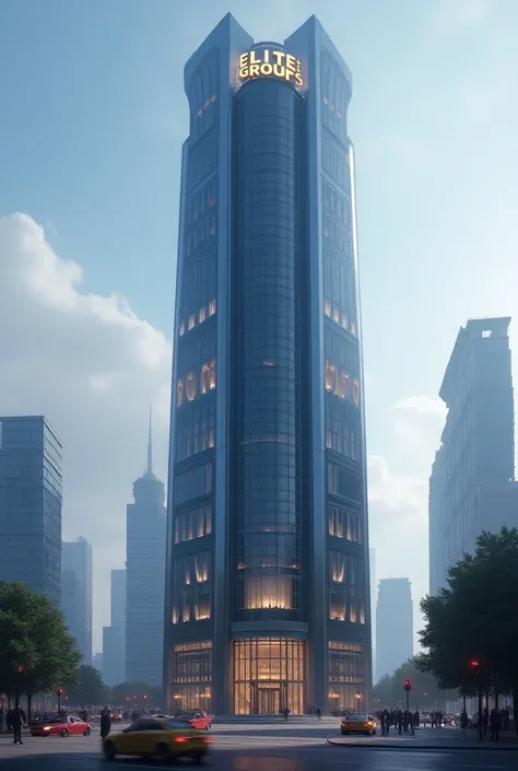 Imagine a Skyscraper with the name written ELITE GROUPS in the Top more Futuristic 
