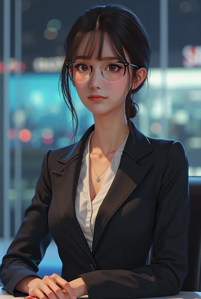 ((Best Quality)), ((傑Best Quality、masterpiece、High sensitivity、 high resolution on down、詳細な描写、 Delicate Facial Description)), Slender woman、Glasses、 newscaster 、Sit down、