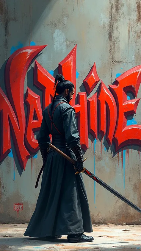 Create a swordsman theme in front of the wall with the spray can painting the name Nadhine, you can vary the colors, the most striking colors and the name must be graphite-like