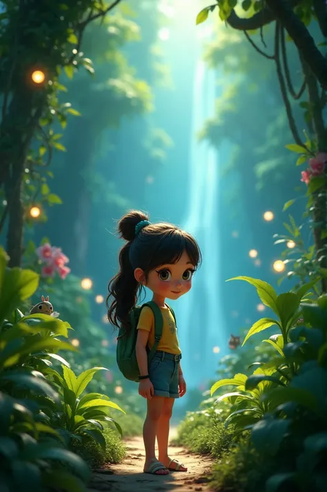 "A captivating YouTube thumbnail showing a young girl named Tita with an adventurous, curious expression, standing in a lush, mystical jungle. Surround her with vibrant, glowing plants, magical floating orbs, and exotic animals peeking through the dense fo...