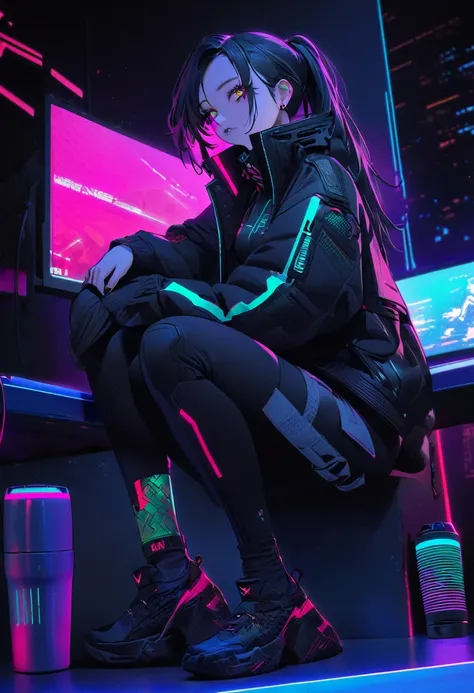  Women Sitting on a Shelf Wearing a Black Jacket and Pants, Cyberpunk art inspired by Hibiko, Tumbler, Neo-Dada,  cyberpunk streetwear , wearing  cyberpunk streetwear ,  Photos of Women Wearing Tech Wear ,  Space tech wear  ,  Full Body Black Cyberpunk Sty...