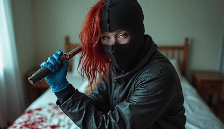 red hair girl, (behind stiff, holding knife), stabbing, leather balaclava mask, blue gloves, bloody room, black raincoat, bloody knife, black gloves, woman on top, white room, behind cadaver, blood splatter, on the bed, looking at viewer, mass murderer, ki...