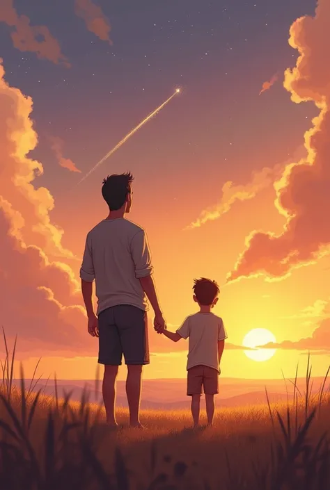 Imagine a father and collage boy son standing together in a serene, open field at sunset. The father, with a calm, nurturing expression, is holding his sons hand. The son, with wide eyes and a look of wonder, gazes up at the sky where a shooting star or pe...