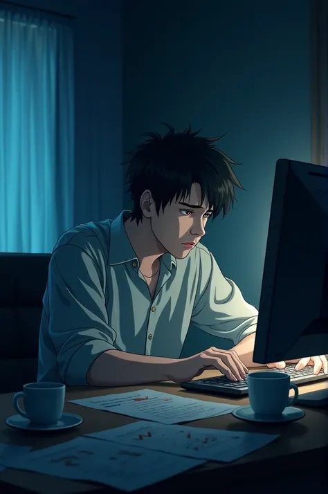 "A young man sitting in front of a computer in a dark room, in anime style. He is tired and frustrated from losses in trading, with a stressed expression on his face. The room is dimly lit by the computer screen, displaying charts and numbers. His posture ...