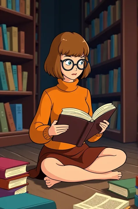 Generate a Velma Dinkley cartoon character reading a book on library inside to books on floor 