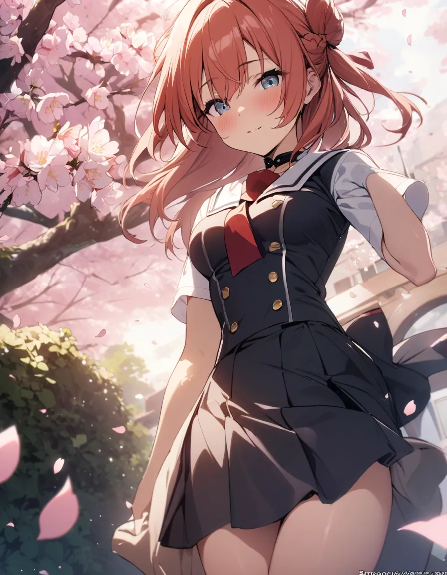 girl. laufen school uniform,  cherry blossoms, 
masterpiece, best quality, very aesthetic