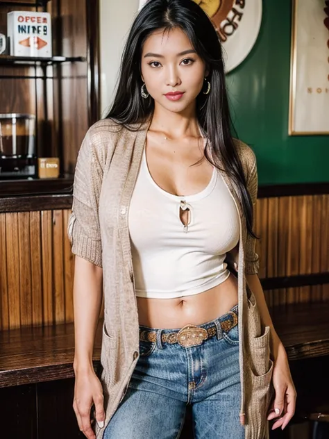 (asian Woman),(wearing cardigan over a T-shirt:1.6),(thin body:1.3),(black hair),(straight hair),(tanning skin:1.4),(Earrings,Sexy smile,heavy makeup),(huge breasts),(in coffee shop:1.5),(cowboy shot:1.6),(((top-quality,masterpiece,ultra high res,8K,Photor...