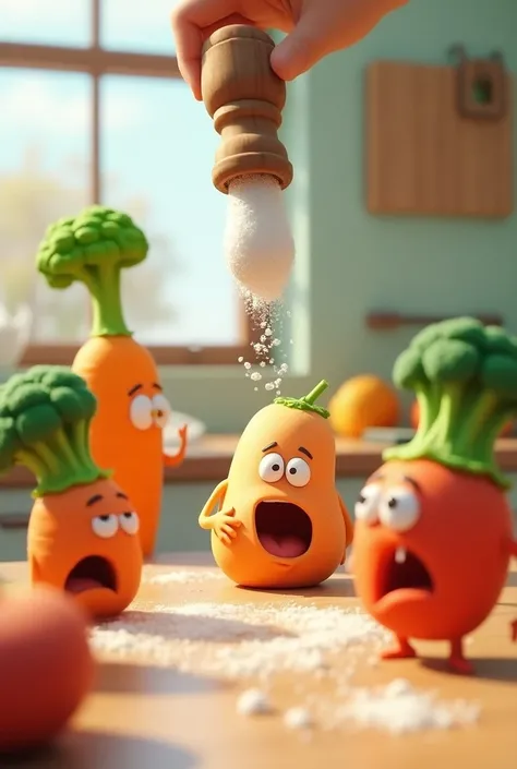 But salt should not be sprinkled vegetable. 3d cartoon type realistic ai image 