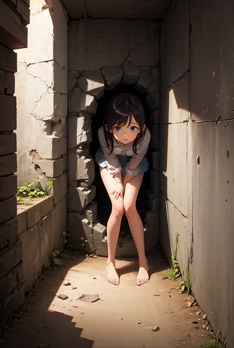 A girl stuck in a hole inside a wall