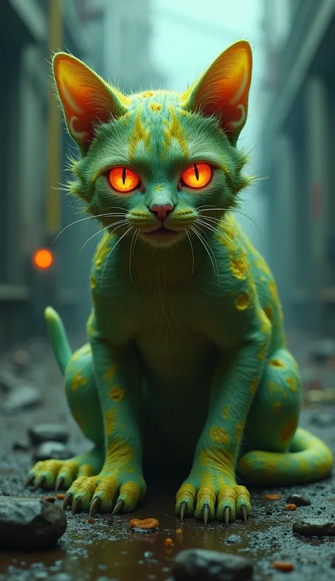 Here is a suitable prompt:

A stray cat contaminated by a biohazard. The animal looks very strange with its body damaged by radiation and dangerous chemicals. Its skin is melting, emitting a glowing green and yellow color that looks like a toxic substance....