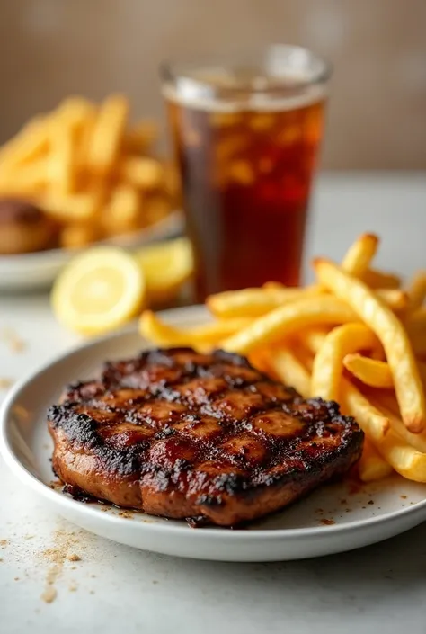 a plate with a grilled meat loin accompanied by French fries and a soft drink