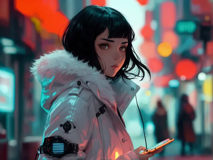 
Girl with black hair wearing a womens overcoat walking in the cyberpunk city with a metal arm and a cell phone in her hand