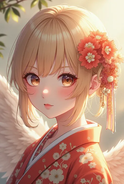  staring at the viewer 、 Semi-realistic illustrations of beautiful angels 。 Ornate kimonos are decorated with elaborate traditional decorations 、The elegance of angels stands out 。 illustrations with high image quality, high quality, and delicate depiction...