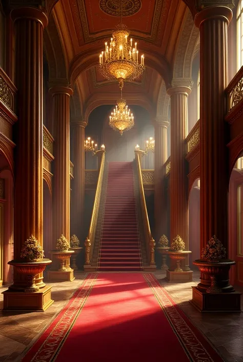 Generate a 3D image of a luxurious castle lobby with red and gold details. There must also be objects made of gold and decorated with precious jewelry in the lobby decor.