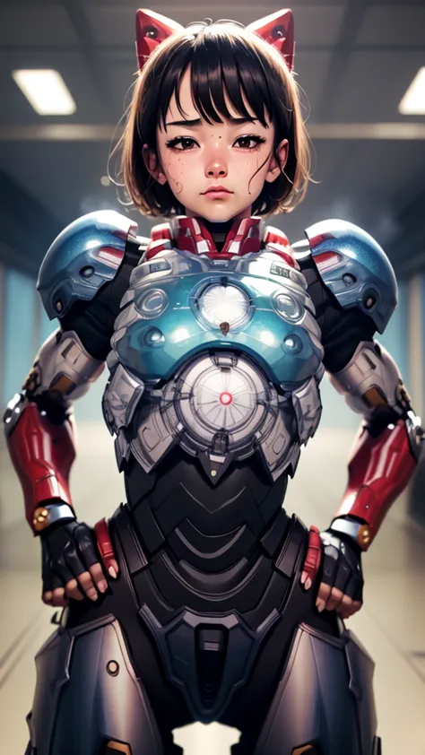 best quality　 8k iron man suit girl　 elementary school girl 　sweaty face　cute　 short hair　 boyish　steam coming out of my head　 m...