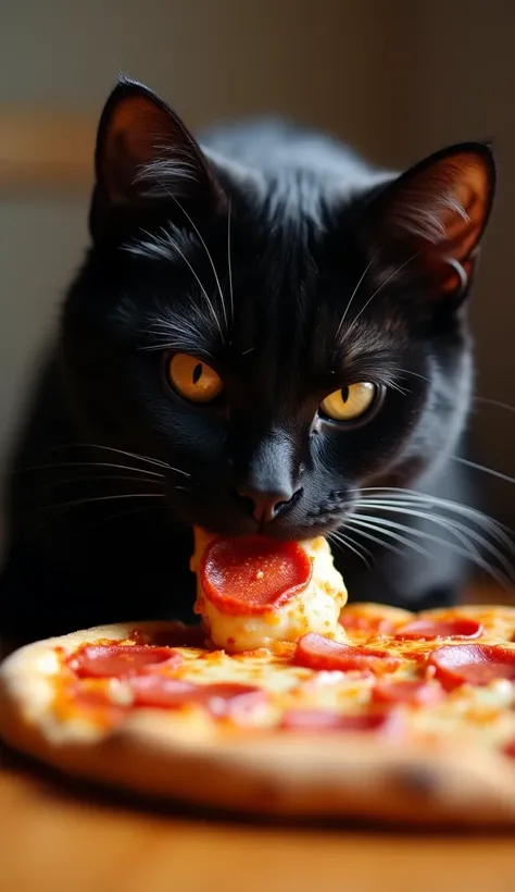 far-shot angle of a balck cat eating a slice of a pepperoni pizza, sony a7R IV camer.