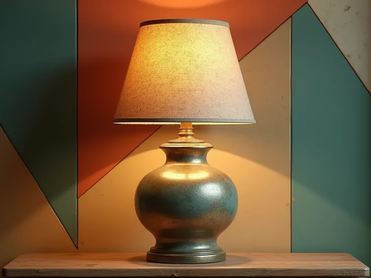 "Old table lamp with a fabric lampshade and a metallic base. The background is in retro style with a geometric pattern."