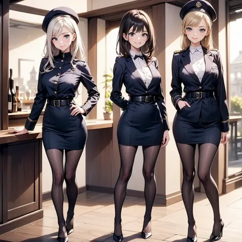 (2girls, masterpiece:1.5),(best quality, highest quality, Highest Resolution, ,Detailed depiction,Detailed Images:1.3),((whole body from toes to head, Full Body Shot, Including face)), 4K,Beautiful woman,((beret,military uniform suit), tight skirt), ((High...