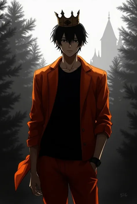 man, short black hair, black t-shirt, orange jacket, orange pants, with a crown, silhouette type, background of a forest and a castle in black and white, looking at the camera, realistic