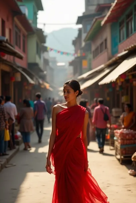 Kathmandu city in which a beautiful girl in a red saree is walking and talking video .